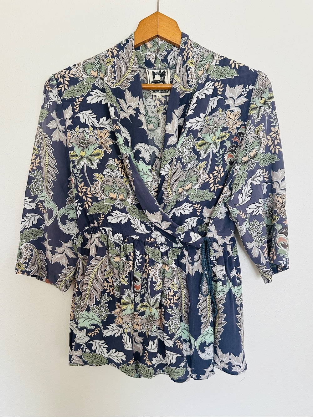 Jaase Boho Floral Wrap Peplum Top Blue Kimono Blouse Size L